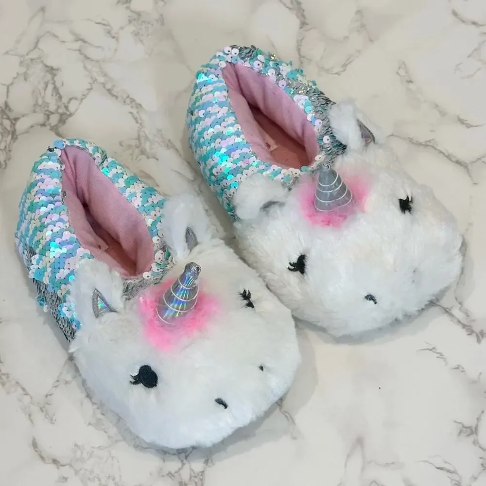 Capelli New York Little Girls Sequin Unicorn Slippers Size 1-2